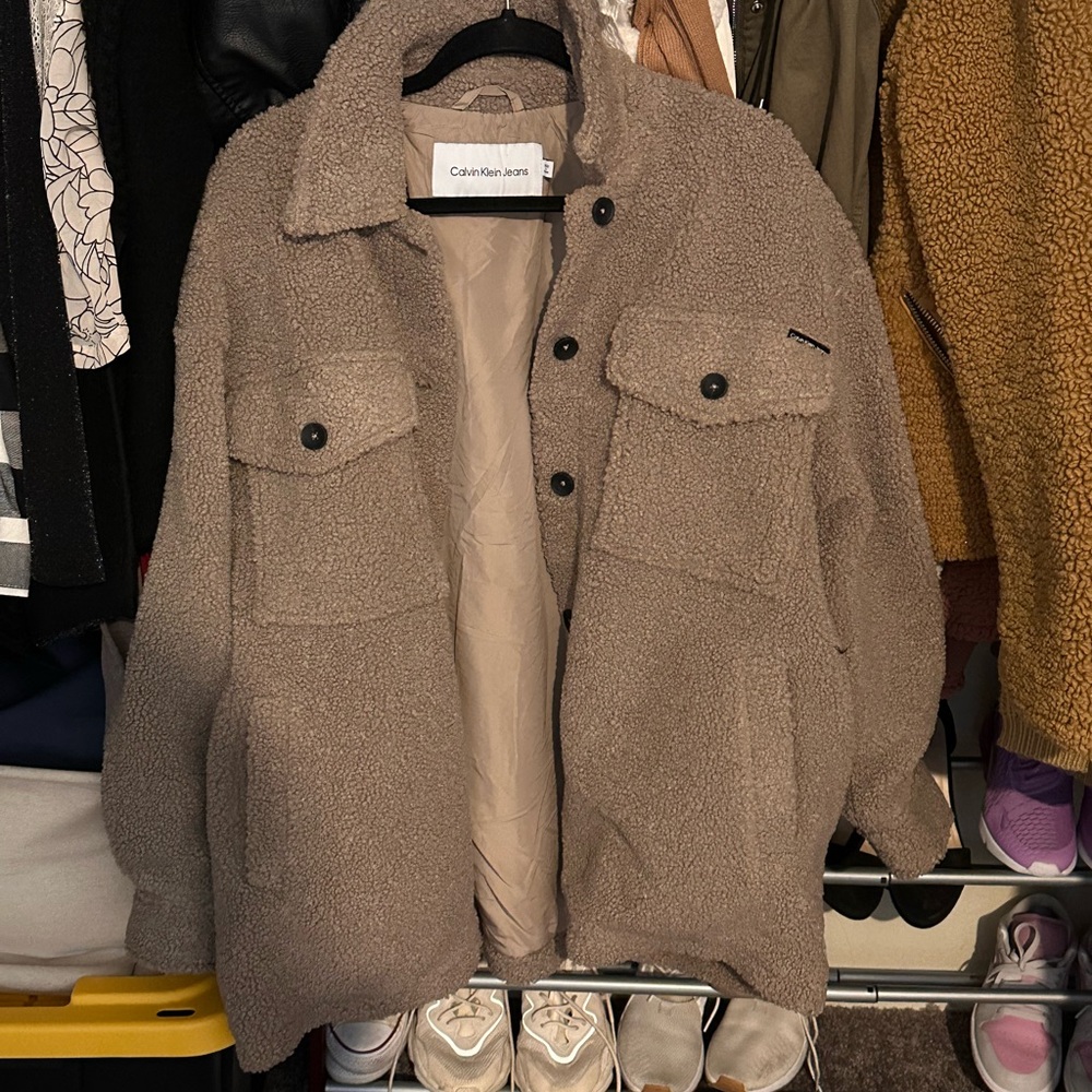 Calvin Klein Tan Teddy Jacket Oversized and Cozy